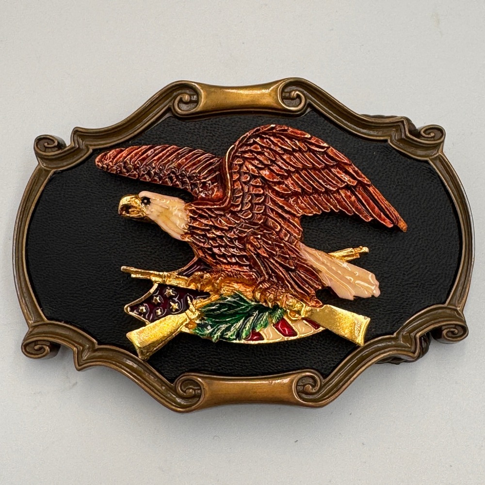 Vintage‎ Eagle Rifle American Flag Belt Buckle Patriotic Western Bronze Tone 3D